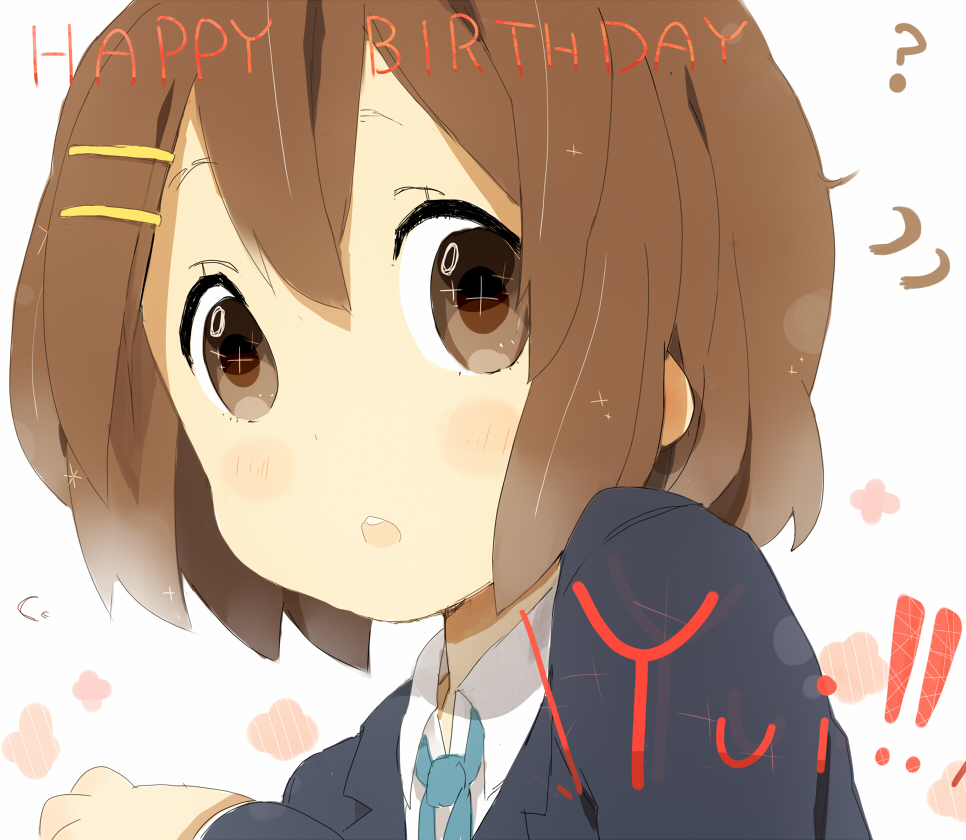 brown_eyes brown_hair face happy_birthday hirasawa_yui k-on! nasuna school_uniform short_hair solo