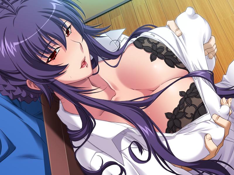 black_bra black_rainbow bra breast_grab breasts cleavage erect_nipples fondel_breasts game_cg groping large_breasts lingerie long_hair milf open_shirt panties purple_hair saimin_jutsu saiminjutsu_2 shirt sweat underwear