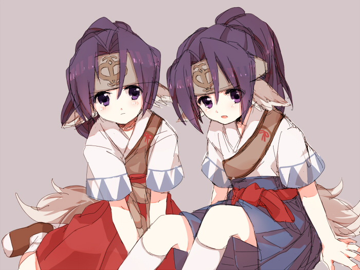 androgynous animal_ears bad_id bad_pixiv_id black_hair brothers doriy guraa japanese_clothes male_focus multiple_boys otoko_no_ko purple_eyes siblings simple_background sitting tail twins utawareru_mono waka_(poponia)