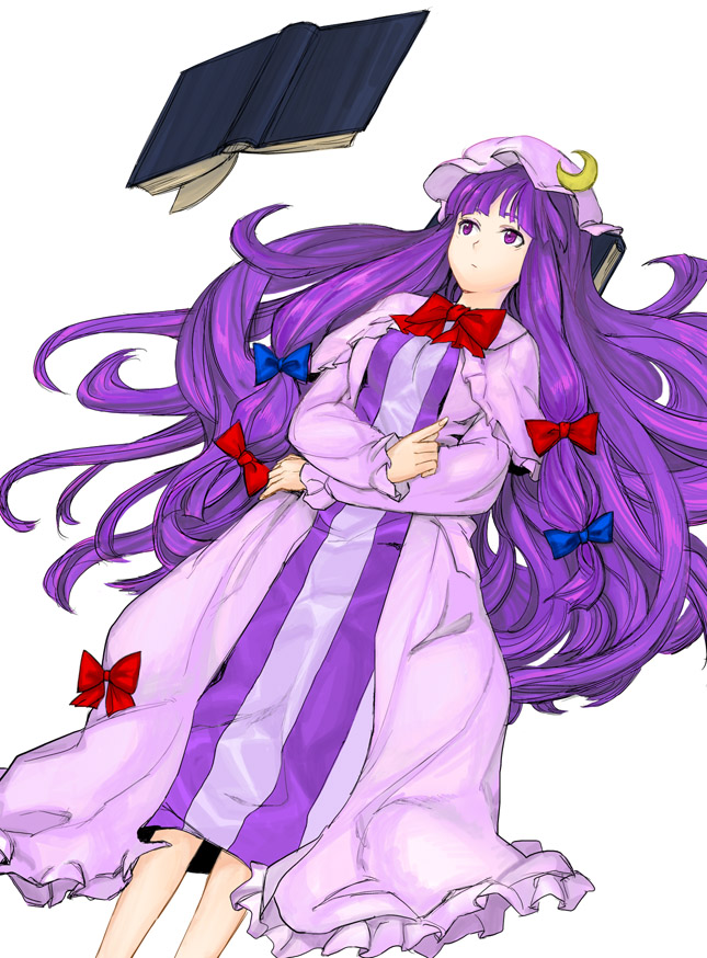 book crescent expressionless floating hat long_hair lying on_back patchouli_knowledge purple_eyes purple_hair reading solo tetsu_(kimuchi) touhou very_long_hair