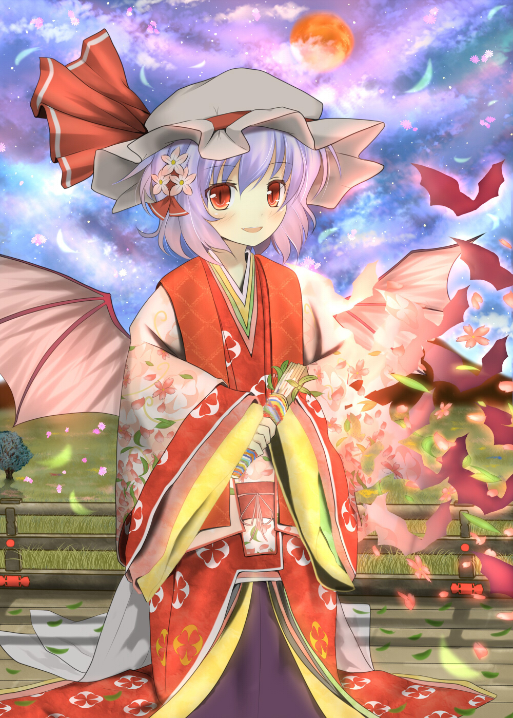 bat bat_wings bunchou_(bunchou3103) hat highres japanese_clothes kimono red_eyes remilia_scarlet short_hair solo touhou wings