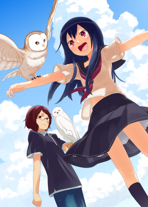 1girl animal_on_arm bird bird_on_arm blue_hair brown_hair cloud day glasses meina_no_fukurou midriff mizu_asato open_mouth outstretched_arms owl red_eyes school_uniform serafuku skirt sky smile spread_arms