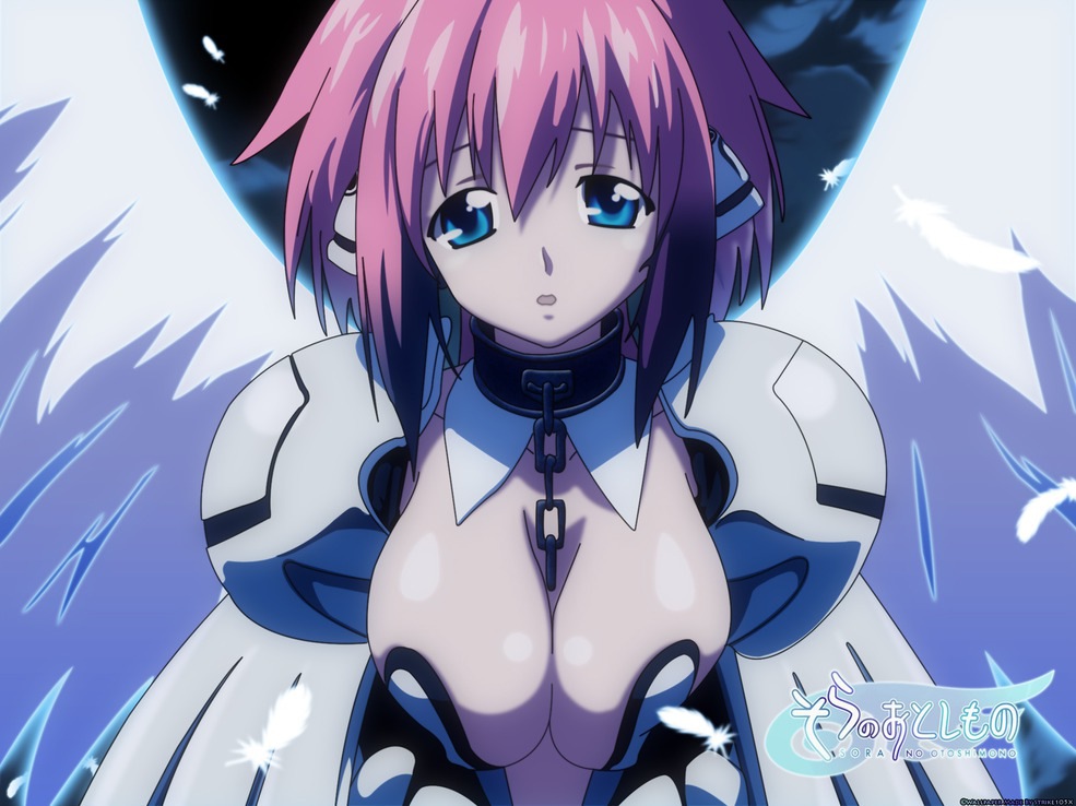 :o angel_wings artist_request between_breasts blue_eyes breast_squeeze breasts chain cleavage collar feathered_wings ikaros large_breasts night night_sky pink_hair robot_ears shoulder_armor sky solo sora_no_otoshimono spaulders white_wings wings