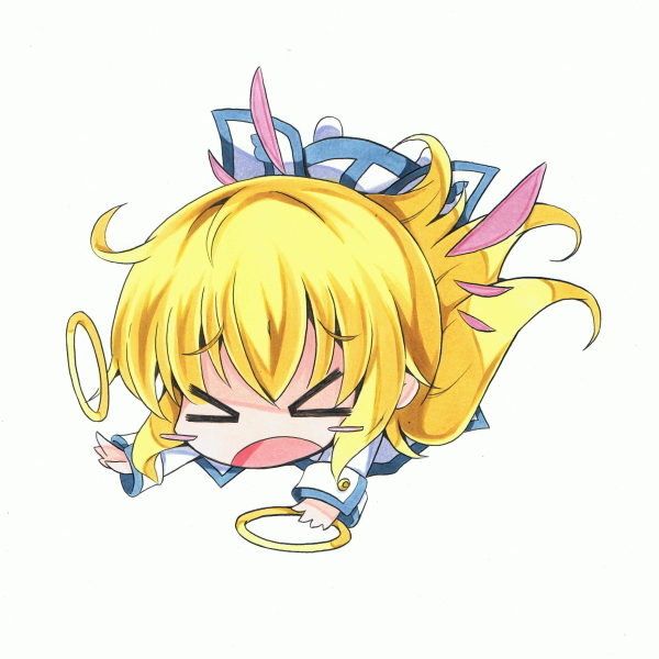 &gt;_&lt; blonde_hair blush_stickers chakram chibi closed_eyes collet_brunel commentary_request dojikko long_hair milkpanda solo tales_of_(series) tales_of_symphonia tripping weapon white_background wings