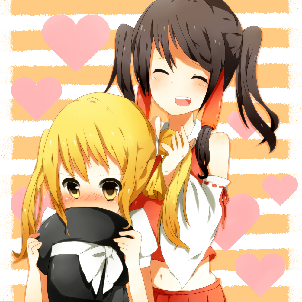 alternate_hairstyle ao_ringo bad_id bad_pixiv_id blonde_hair blush brown_hair embarrassed hairdressing hakurei_reimu happy hat hat_removed headwear_removed heart heart_background holding holding_hat kirisame_marisa midriff multiple_girls navel open_mouth smile striped striped_background touhou twintails