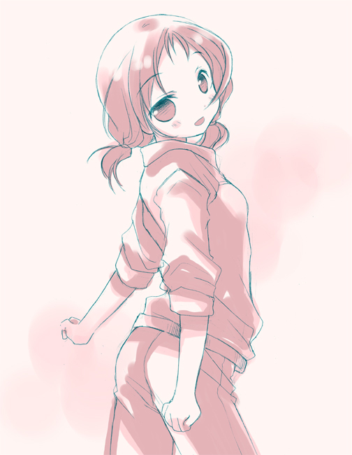 bad_id bad_pixiv_id clenched_hands jacket looking_back low_twintails monochrome open_mouth pants pink saki simple_background sleeves_pushed_up solo sweater takei_hisa tokumi_yuiko track_jacket twintails