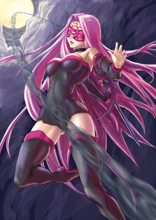 bare_shoulders blindfold boots chain detached_sleeves dress facial_mark fate/stay_night fate_(series) forehead_mark full_moon long_hair moon purple_hair rider short_dress solo strapless strapless_dress thigh_boots thighhighs very_long_hair xenozex zettai_ryouiki