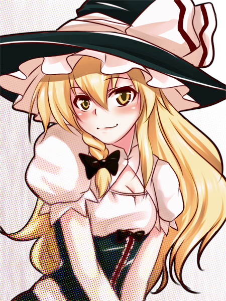 alternate_costume blonde_hair blush bow braid breasts cleavage face hair_bow hat k2isu kirisame_marisa long_hair small_breasts smile solo touhou v_arms witch_hat yellow_eyes