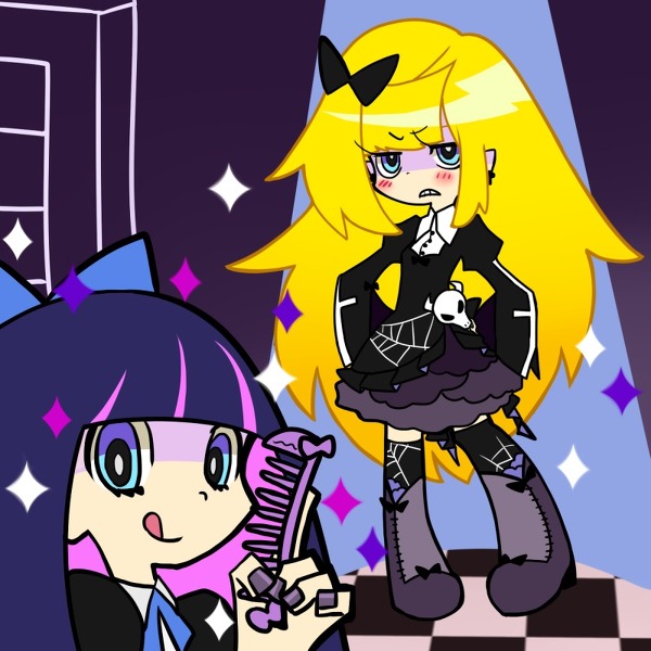 2girls annoyed blonde_hair blue_eyes blush comb costume_switch dress frown gothic_lolita hair_bow hand_on_hip lolita_fashion multicolored_hair multiple_girls panty_&amp;_stocking_with_garterbelt panty_(character) pink_hair purple_hair siblings sisters smile stocking_(character) very_long_hair