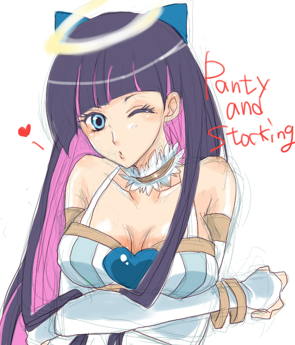 angel blush breasts cleavage halo panty_&amp;_stocking_with_garterbelt sketch stocking_(character) stocking_(psg) wink