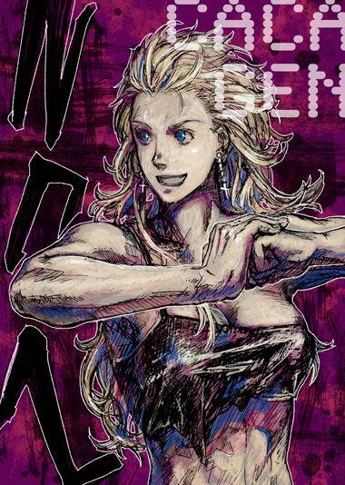 blonde_hair blue_eyes cross dorohedoro earrings grin jewelry long_hair muscle noi_(dorohedoro) smile solo torn_clothes waipion