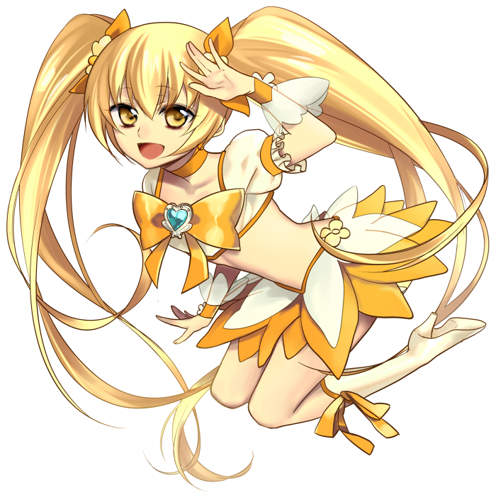 bad_id bad_pixiv_id blonde_hair boots bow choker collaboration colorized cure_sunshine flower fujiwara heartcatch_precure! knee_boots long_hair magical_girl midriff murakami_yuichi myoudouin_itsuki orange_bow orange_choker orange_skirt precure skirt solo twintails white_background wrist_cuffs yellow yellow_bow yellow_eyes