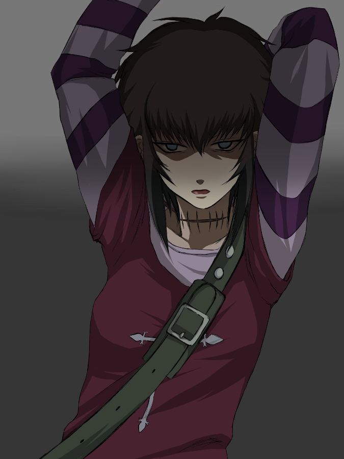 arms_up black_hair black_lagoon blue_eyes empty_eyes lipstick makeup sawyer_the_cleaner scar sei15 solo strap striped