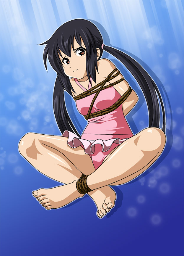 arms_behind_back barefoot bdsm blue_hair bondage bound brown_eyes casual_one-piece_swimsuit daikinbakuju feet k-on! nakano_azusa one-piece_swimsuit pink_swimsuit rope solo swimsuit twintails