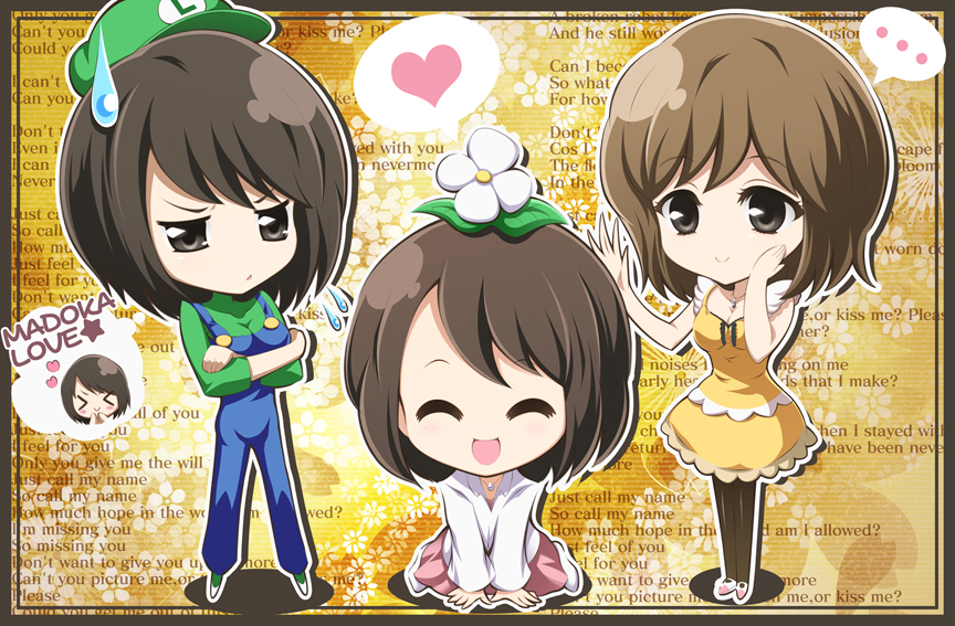 asou_misaki bad_id bad_pixiv_id black_eyes black_hair blush breasts brown_hair chibi closed_eyes cosplay dress fatal_frame fatal_frame_4 flower hat isumi_(i-spixi) luigi luigi_(cosplay) mario_(series) medium_breasts minazuki_ruka multiple_girls overalls pantyhose skirt smile super_mario_bros. thighhighs tsukimori_madoka