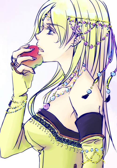 apple blonde_hair blue_eyes breasts celes_chere detached_sleeves female final_fantasy final_fantasy_vi food fruit gradient gradient_background jewelry long_hair lxc nail_polish necklace solo tiara white_background