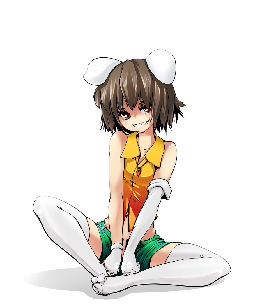 alternate_costume animal_ears brown_hair bunny_ears butterfly_sitting carrot casual contemporary denim denim_shorts dot_r elbow_gloves feet fingerless_gloves gloves grin inaba_tewi jewelry midriff navel pendant red_eyes shirt short_hair shorts single_elbow_glove single_glove sitting smile solo thighhighs touhou unzipped white_legwear