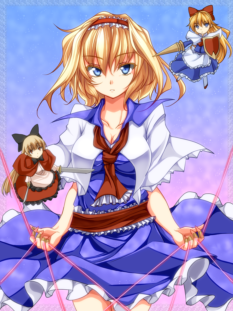 alice_margatroid ascot blonde_hair blue_eyes bow breasts capelet cleavage colored_eyelashes doll dual_wielding eyelashes hair_bow hairband highres holding hourai_doll jewelry kamo_(yokaze) lance long_hair medium_breasts polearm red_eyes ring sash shanghai_doll shield short_hair solo string sword touhou weapon