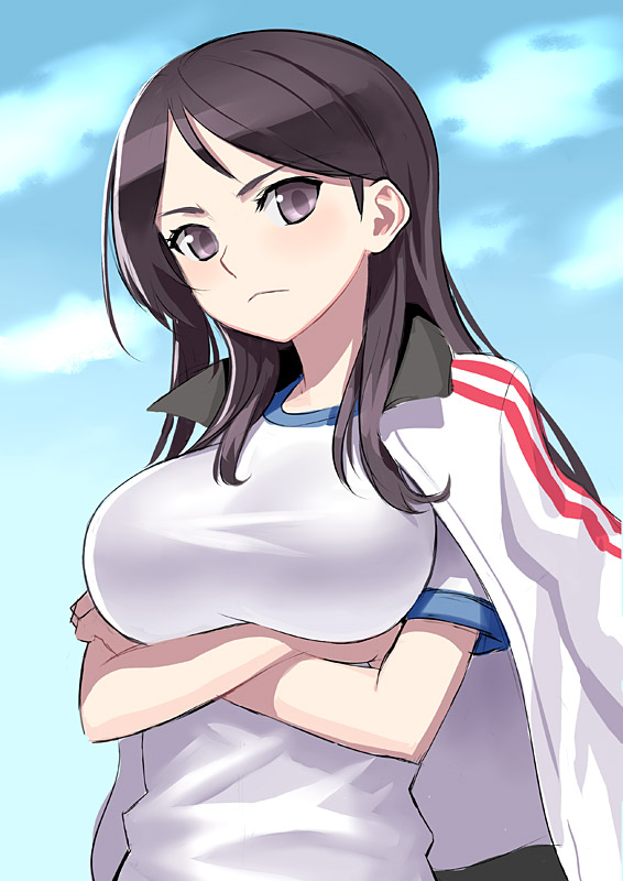 black_hair breast_hold breasts brown_eyes crossed_arms frown fukiyose_seiri gym_uniform jacket_on_shoulders k+ large_breasts shirt solo taut_clothes taut_shirt to_aru_majutsu_no_index