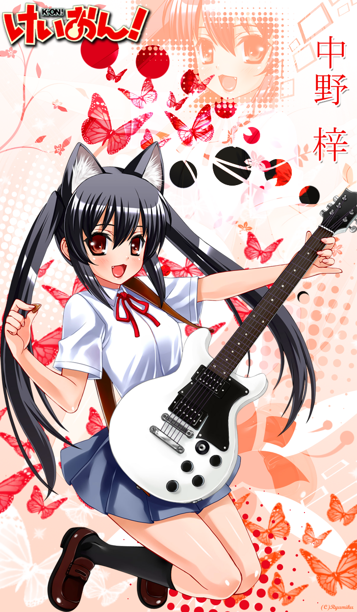 artist_request blue_hair brown_eyes bug butterfly guitar highres insect instrument k-on! nakano_azusa school_uniform twintails zoom_layer