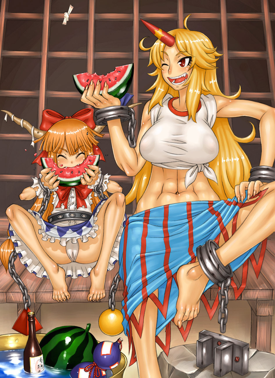 abs barefoot blonde_hair claws cuffs eating fangs feet fingernails gourd highres horn horns hoshiguma_yuugi ibuki_suika jon_henry_nam long_fingernails long_hair long_toenails multiple_girls orange_hair panties red_eyes shirt taut_clothes taut_shirt toenails touhou underwear