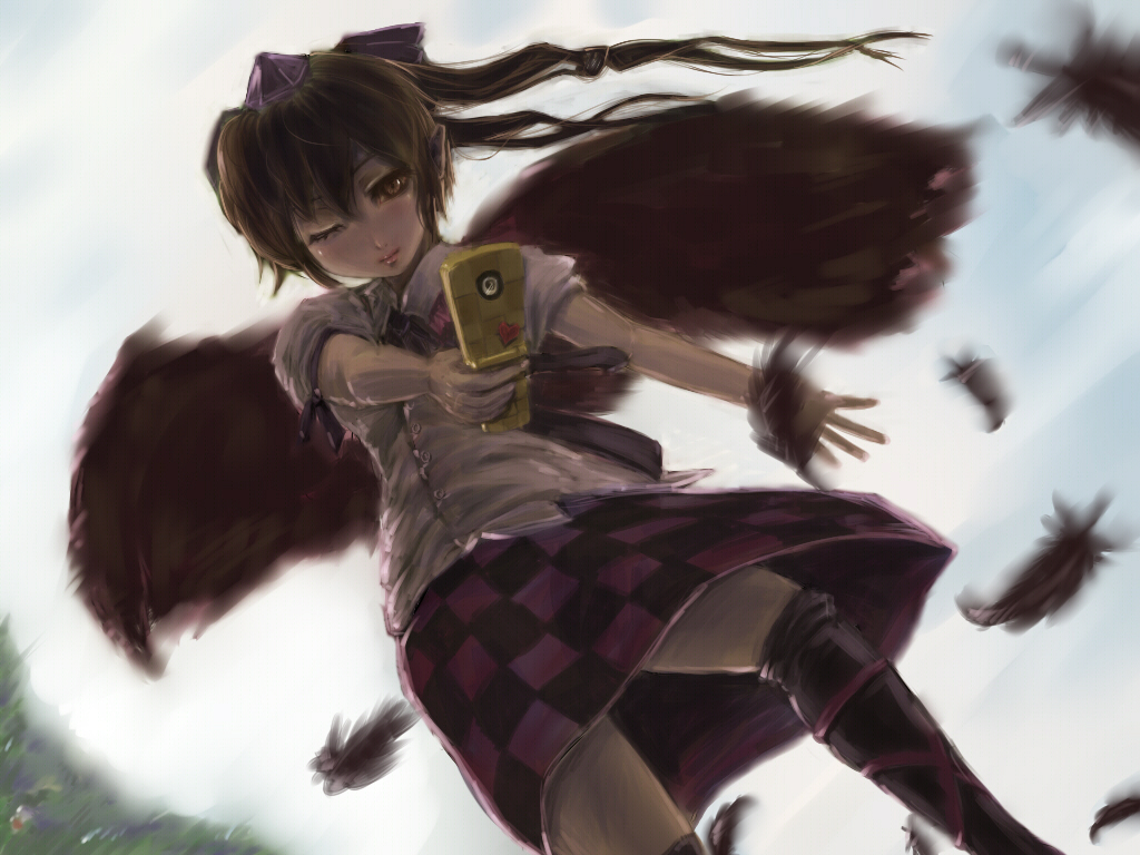 ankle_lace-up black_legwear black_wings bow brown_eyes brown_hair cellphone cellphone_camera checkered checkered_skirt cross-laced_footwear dress_shirt feathers hair_bow hat hiepita_(1014) himekaidou_hatate kneehighs lips long_hair miniskirt one_eye_closed phone pointy_ears shirt skirt solo tokin_hat touhou twintails wallpaper wings