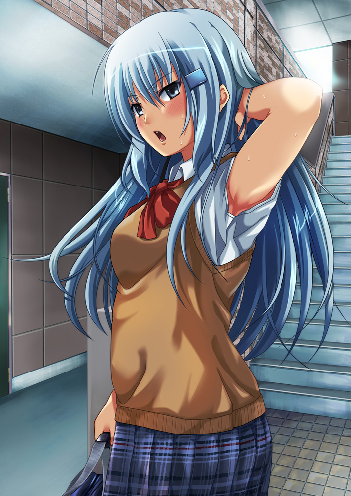 arms_up bad_id bad_pixiv_id blue_hair blush green_eyes hair_ornament hairclip long_hair open_mouth original skirt solo stairs sweat sweater_vest yamakeitokokoro