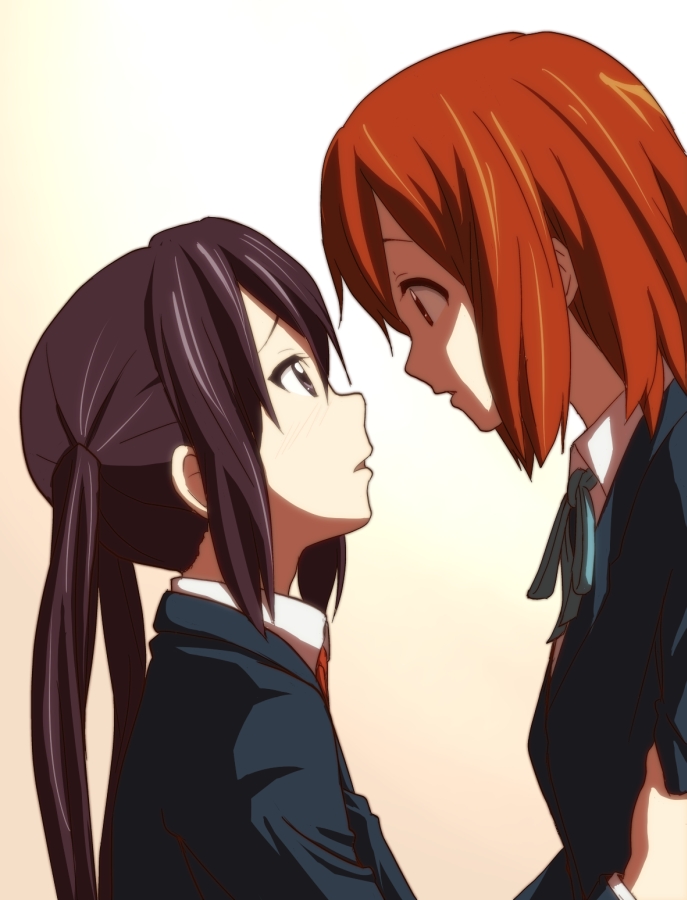 black_hair blazer brown_eyes brown_hair eye_contact hirasawa_yui jacket k-on! long_hair looking_at_another multiple_girls nakano_azusa profile school_uniform short_hair twintails zasshu_tamashii