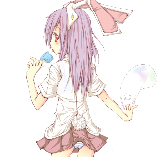animal_ears bunny_ears bunny_tail dress_shirt food from_behind natsuk panties popsicle purple_hair red_eyes reisen_udongein_inaba shirt skirt solo striped striped_panties tail touhou underwear