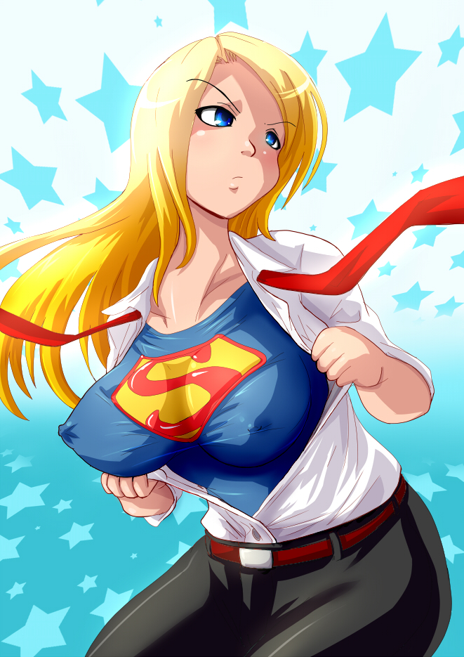 blonde_hair blue_eyes breasts covered_nipples dc_comics dress_shirt impossible_clothes impossible_shirt large_breasts long_hair marimo_(ankokumarimo) open_clothes open_shirt shirt solo supergirl superman_(series) taut_clothes taut_shirt