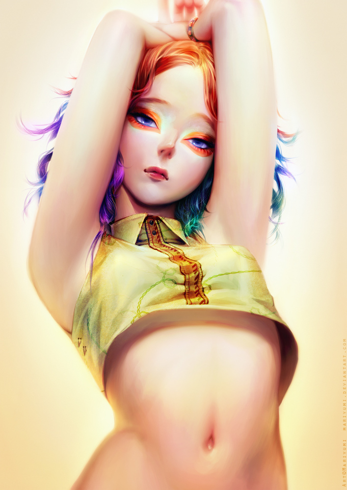 arms_up blue_eyes bottomless gradient_color looking_at_viewer mariyumi midriff multicolored_hair navel orange_hair