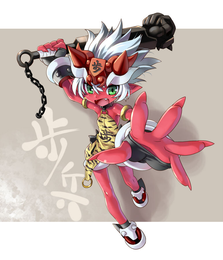 chain character_request clenched_hand club fang fingernails foreshortening full_body green_eyes hands jpeg_artifacts katahira_masashi long_fingernails oni open_mouth original red_skin short_hair solo weapon white_hair