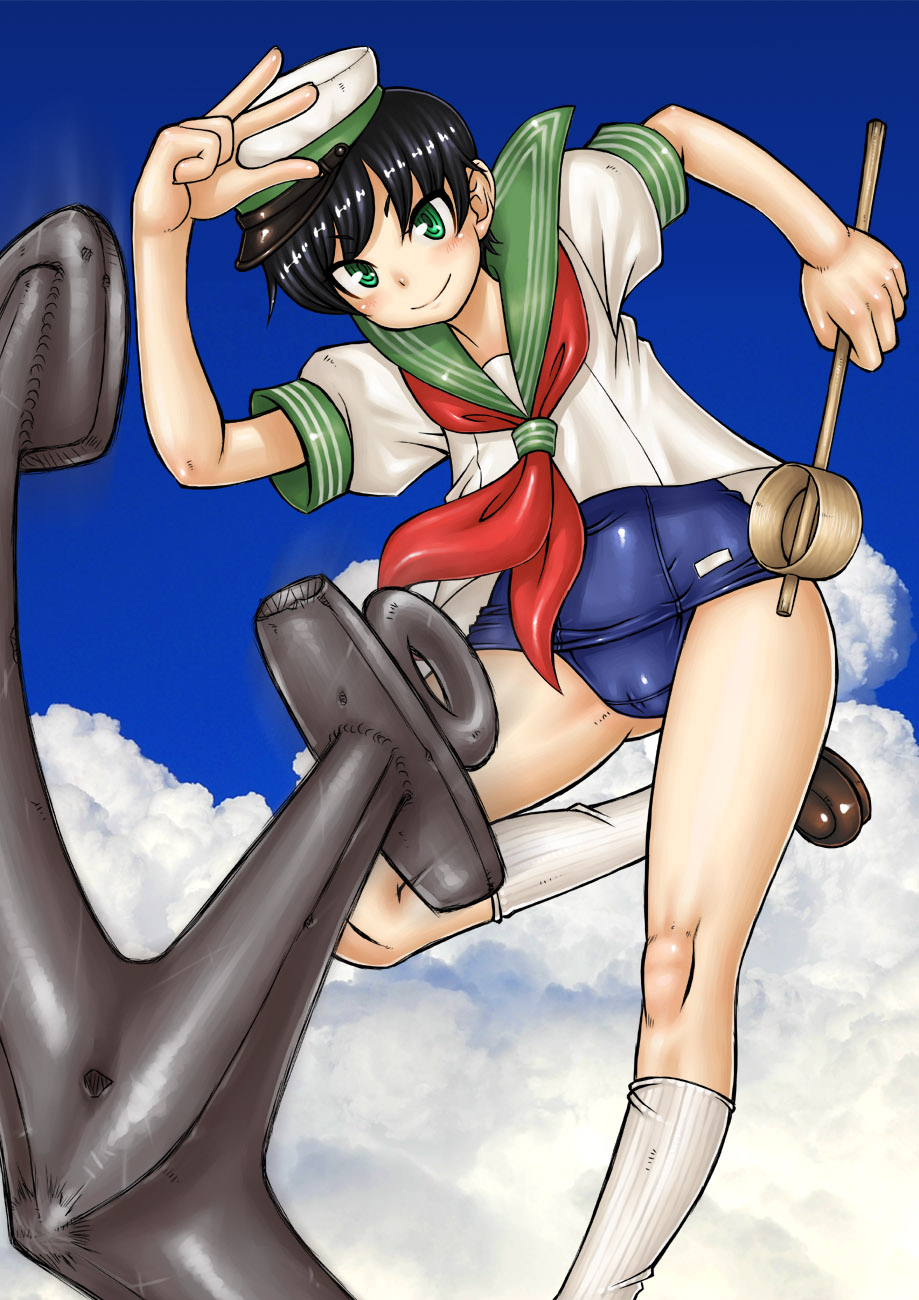 anchor black_hair cloud green_eyes hat highres hishaku jon_henry_nam kneehighs murasa_minamitsu no_pants sailor sailor_collar sailor_hat school_swimsuit shiny shiny_clothes short_hair solo swimsuit swimsuit_under_clothes touhou white_legwear