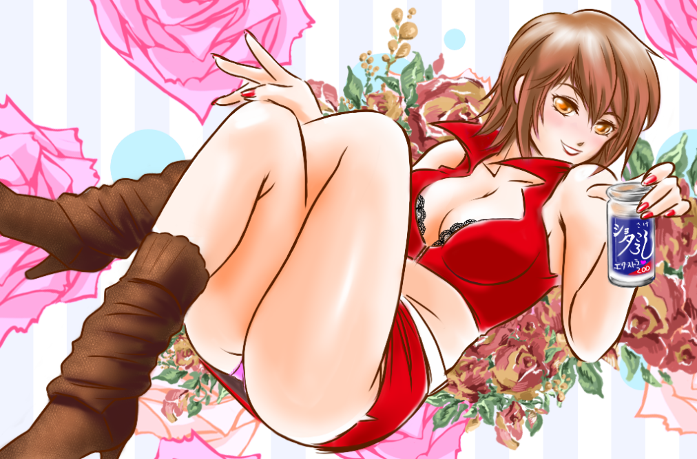 alcohol bad_id bad_pixiv_id boots breasts brown_hair cleavage flower indoshiki medium_breasts meiko multicolored multicolored_rose panties red rose sake short_hair skirt solo underwear vocaloid