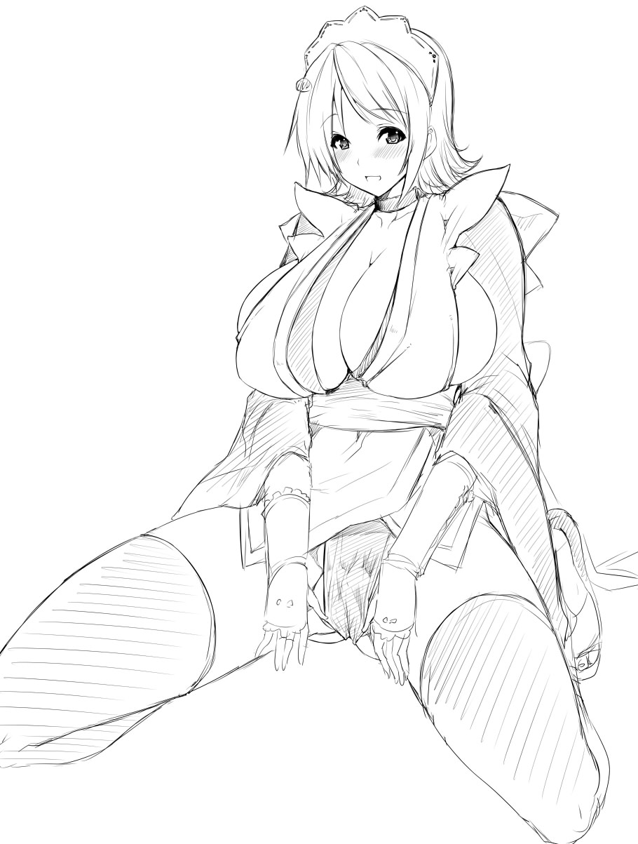 breasts cleavage goban greyscale highres iroha_(samurai_spirits) large_breasts monochrome samurai_spirits solo spread_pussy_under_clothes thighhighs