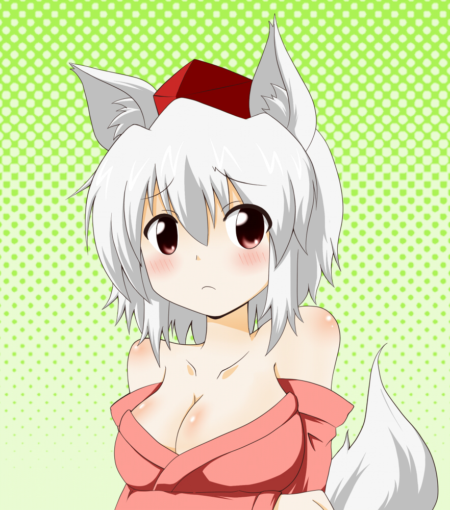 animal_ears bad_id bad_pixiv_id bare_shoulders blush breasts cleavage hat inubashiri_momiji japanese_clothes kimono large_breasts off_shoulder poco_(pocoyb) red_eyes short_hair silver_hair solo tail tokin_hat touhou upper_body white_hair wolf_ears wolf_tail