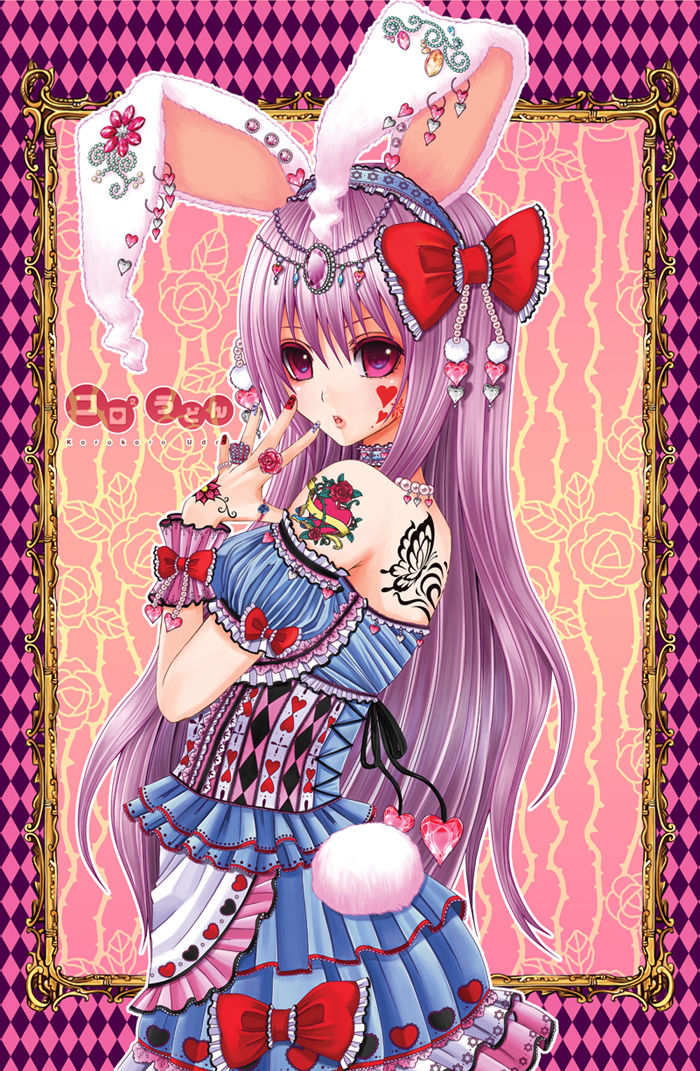 :o alternate_costume animal_ears bad_id bad_pixiv_id banned_artist bare_shoulders bunny_ears bunny_tail earrings flower heart jewelry multicolored multicolored_nails nail_art nail_polish pink_hair purple_eyes red_flower red_rose reisen_udongein_inaba rose solo tail tattoo touhou wrist_cuffs yuuka_nonoko