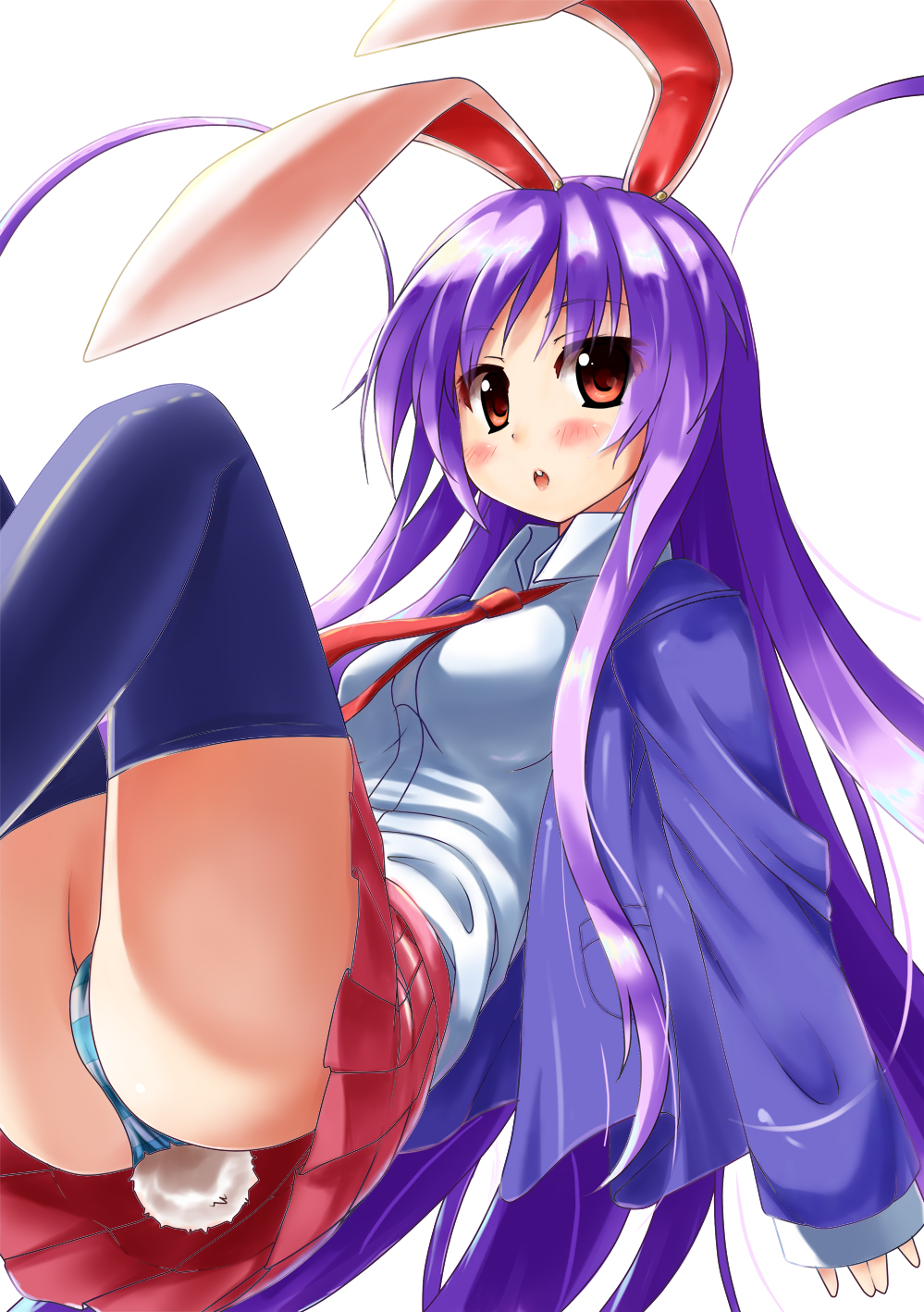 animal_ears bad_id bad_pixiv_id blazer bunny_ears bunny_tail highres jacket long_hair necktie nyama_(12060517) panties purple_hair red_eyes red_neckwear reisen_udongein_inaba skirt solo striped striped_panties tail thighhighs touhou underwear