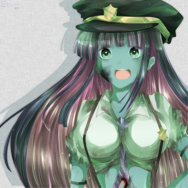 blood breasts female green_eyes hat large_breasts long_hair multicolored_hair open_mouth panty_&amp;_stocking_with_garterbelt pink_hair police police_uniform purple_hair solo stocking_(character) stocking_(psg) torn_clothes uniform very_long_hair zombie
