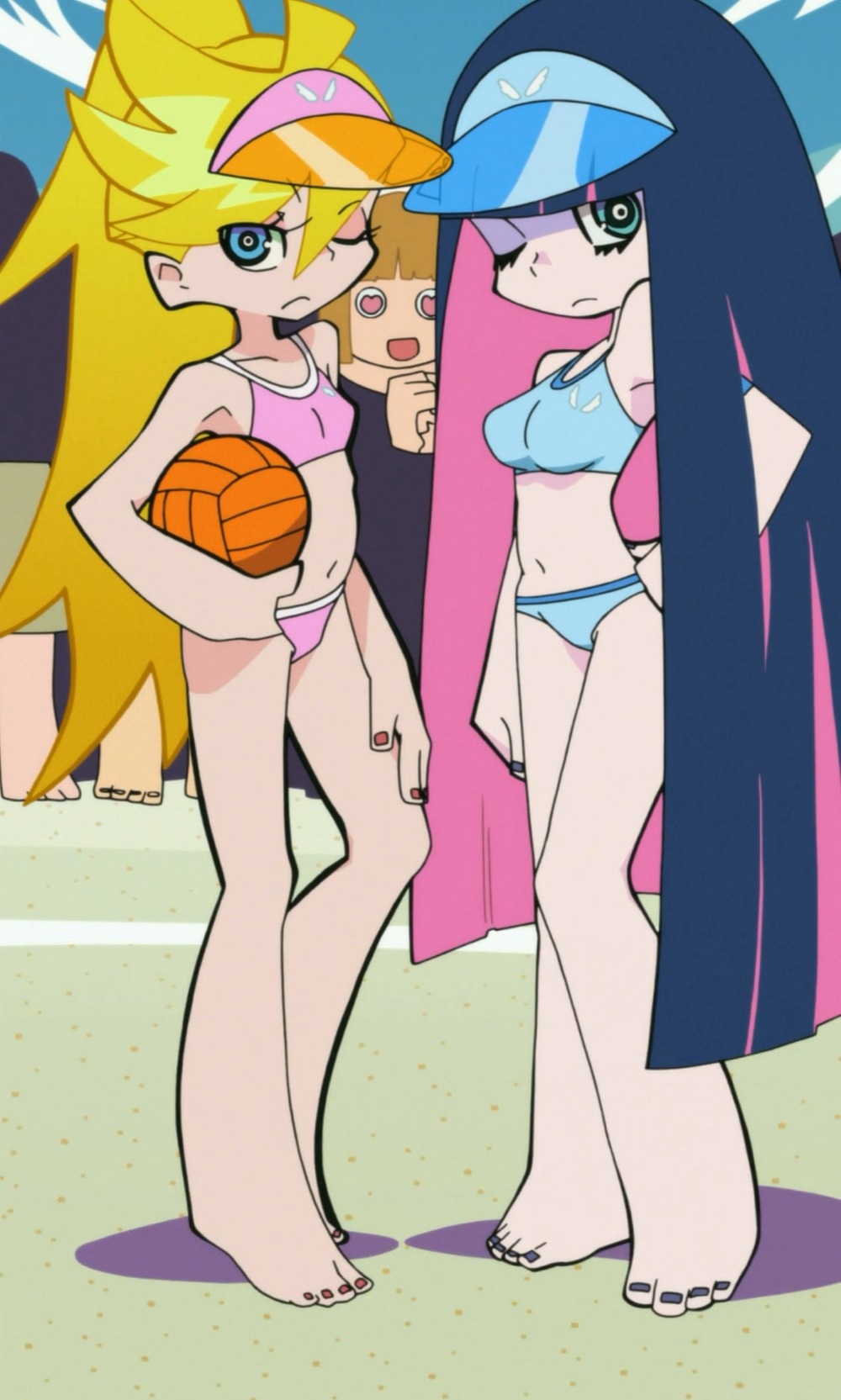 blonde_hair blue_hair cap highres panty_&amp;_stocking_with_garterbelt panty_(character) panty_(psg) screencap sports_bra stitched stocking_(character) stocking_(psg) visor volleyball