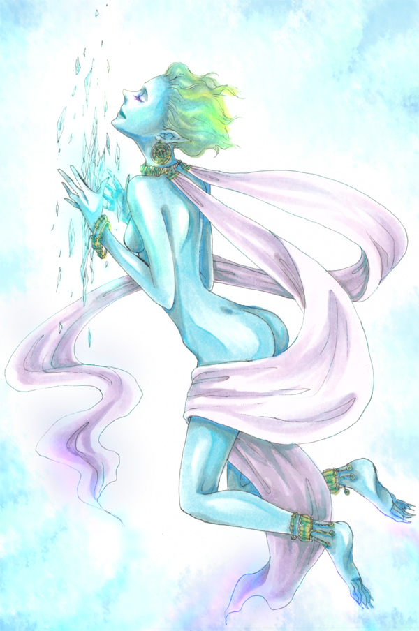 ai_(ai1470) ailove310 anklet ass barefoot blue_skin bracelet breasts choker earrings eyes_closed feet female final_fantasy final_fantasy_vi flat_chest full_body gradient gradient_background green_hair ice jewelry nude pointy_ears shiva_(final_fantasy) short_hair sideboob small_breasts solo