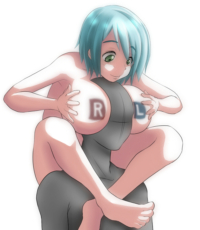 ao_usagi barefoot between_breasts blue_hair breast_hold breast_squeeze breasts carrying face feet green_eyes hands head_between_breasts headphones large_breasts no_nipples nude original personification short_hair shoulder_carry