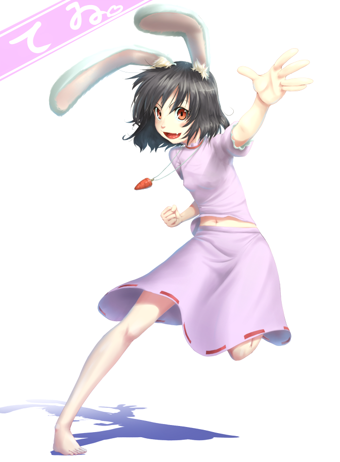 animal_ears barefoot black_hair blush bunny_ears carrot carrot_necklace character_name covered_nipples flat_chest hands inaba_tewi jewelry midriff mossari_poteto navel necklace pendant red_eyes short_hair skirt solo touhou