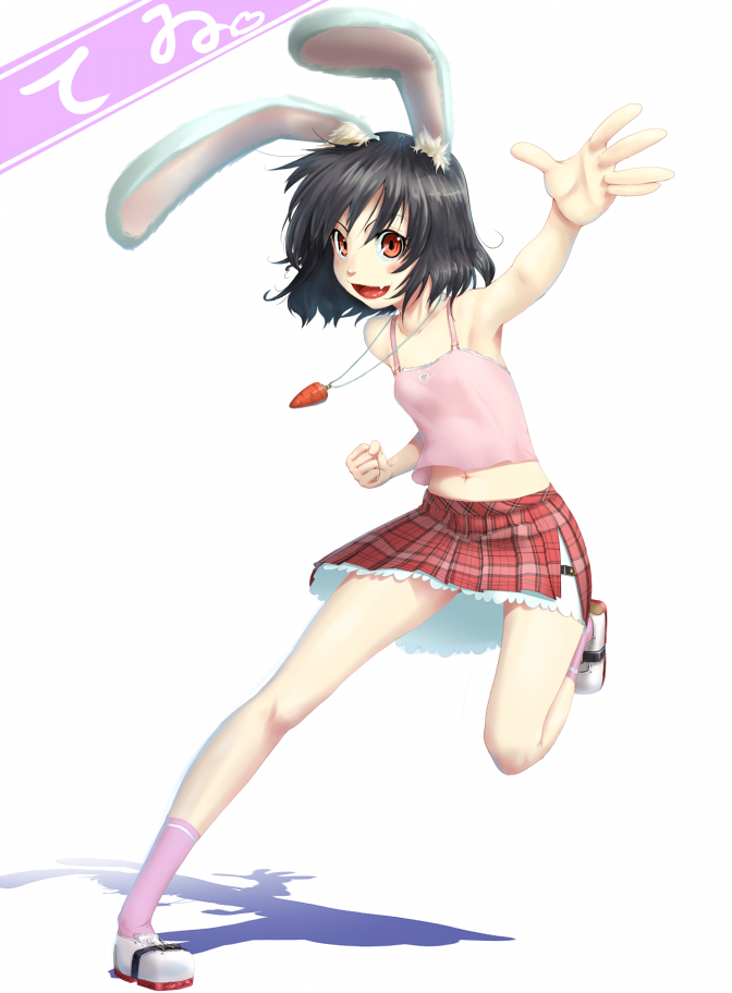 alternate_costume animal_ears bare_shoulders black_hair blush bunny_ears carrot carrot_necklace casual character_name covered_nipples flat_chest hands inaba_tewi jewelry midriff mossari_poteto navel necklace pendant pink_legwear red_eyes shoes short_hair skirt socks solo touhou