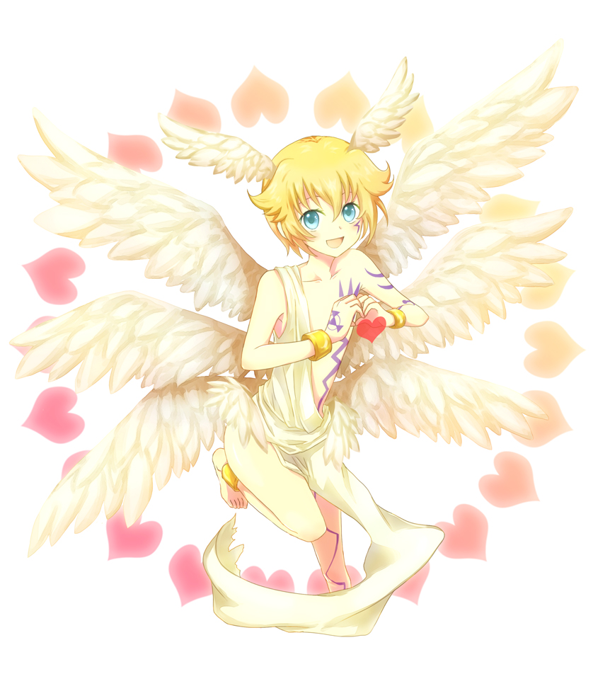 androgynous angel anklet bad_id bad_pixiv_id barefoot blonde_hair bracelet digimon digimon_frontier goma_(11zihisin) green_eyes head_wings heart heart_hands jewelry lucemon male_focus multiple_wings solo tattoo wings