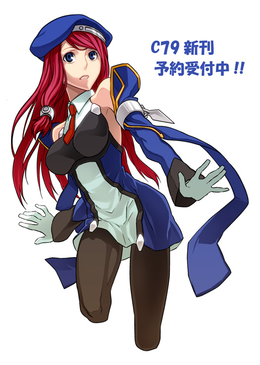 bad_id bad_pixiv_id bare_shoulders beret blazblue blue_eyes breasts detached_sleeves gloves hat impossible_clothes impossible_shirt large_breasts long_hair necktie pantyhose red_hair sami_(object_dump) shirt solo tsubaki_yayoi uniform