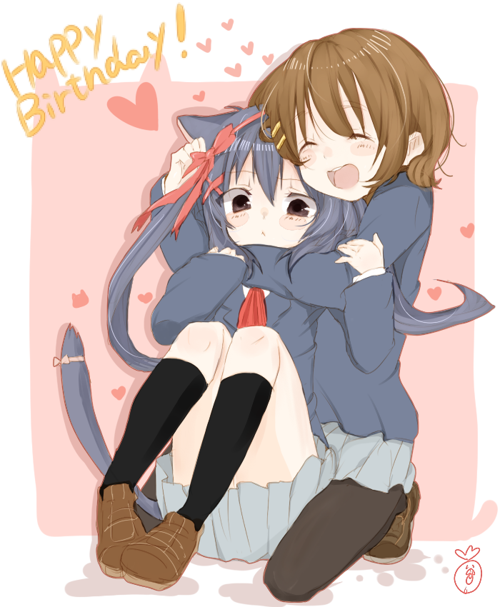 :d animal_ears black_eyes black_hair black_legwear blush bow brown_eyes brown_hair cat_ears closed_eyes hair_bow hair_ornament hairclip happy_birthday heart hirasawa_yui hug hug_from_behind k-on! kneehighs kneeling loafers long_hair multiple_girls nakano_azusa natsu_(norari_kurari) open_mouth pantyhose round_teeth school_uniform shoes short_hair sitting skirt smile socks tail teeth twintails