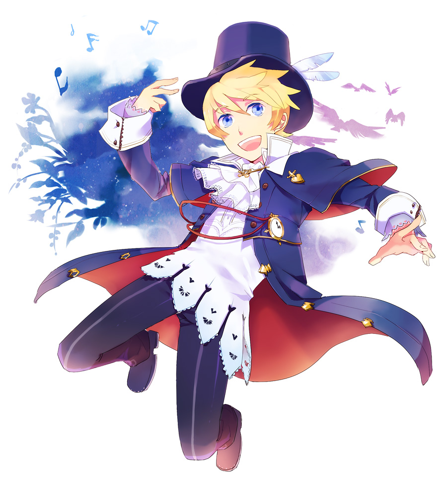 alternate_costume bad_id bad_pixiv_id blonde_hair blue_eyes company_connection cosplay cravat crossover flynn_scifo formal frederic_chopin frederic_chopin_(cosplay) happy hat jumping male_focus namco pants pocket_watch sen_nai shoes solo suit tales_of_(series) tales_of_vesperia top_hat trusty_bell watch