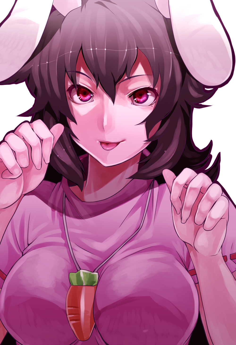 :p animal_ears between_breasts breasts brown_hair bunny_ears carrot carrot_necklace face hands highres inaba_tewi irohara_mitabi jewelry large_breasts necklace older pendant red_eyes short_hair solo tongue tongue_out touhou