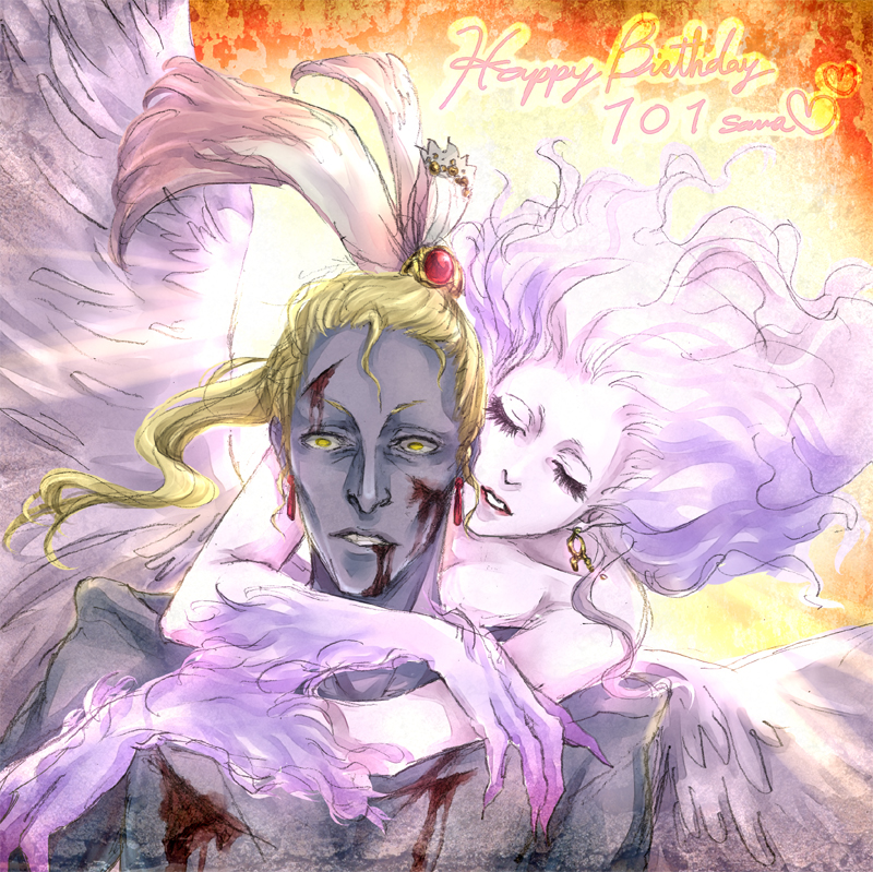 1boy 1girl ai_(ai1470) ailove310 blonde_hair blood cefca_palazzo claws couple earrings eyes_closed feather feathers female final_fantasy final_fantasy_vi hug jewelry long_hair male ponytail purple_hair purple_skin trance_tina_branford wings yellow_eyes